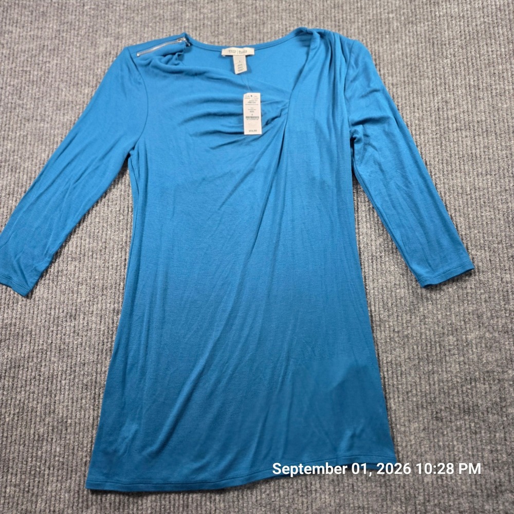 White House Black Market Moroccan Blue Drape Front Zip Shoulder Top Small NWT